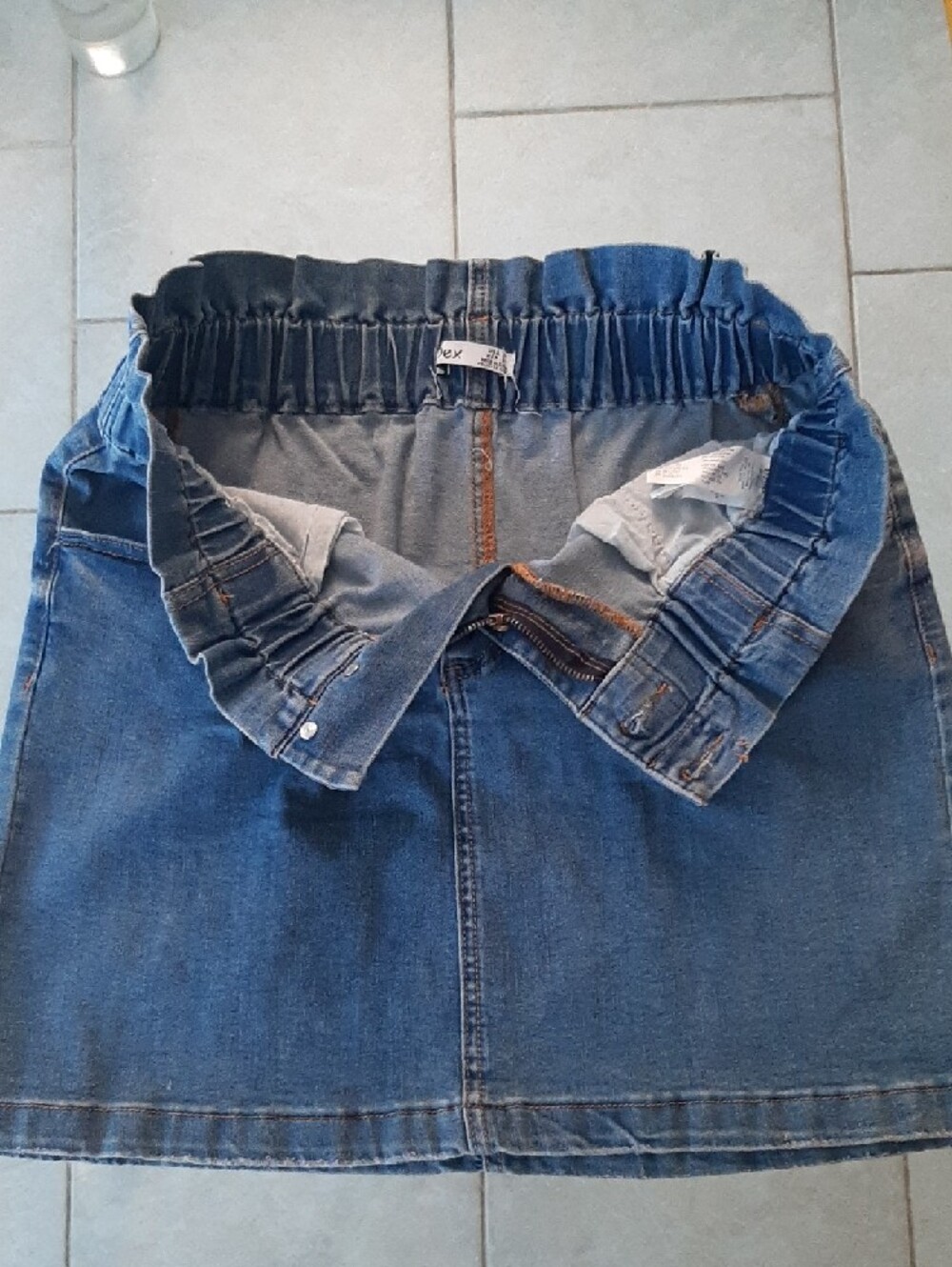 Dex💙Blue Denim Mini Skirt Elastic Waist Zipper+2 Buttons Front Pockets Sz 31 - Picture 8 of 8